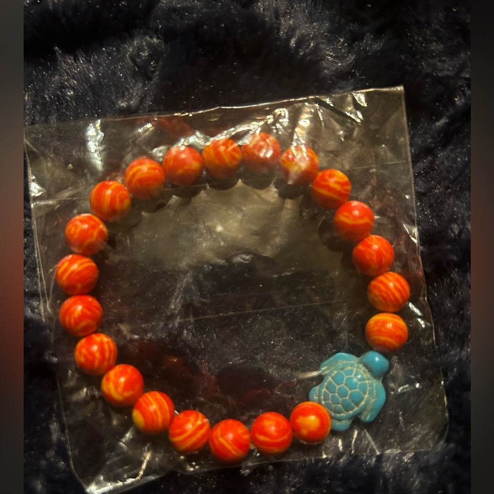 Orange Stone Bracelet with Turquoise Turtle Boho Gemstone Jewelry Turtle Charm